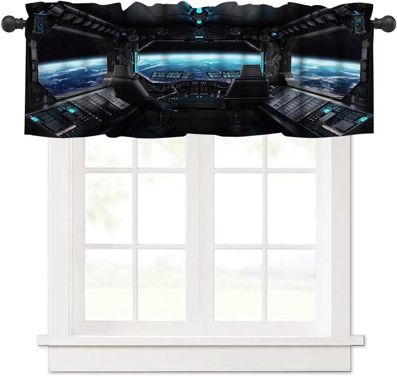 YSWOW Spaceship Valance Curtain Galaxy Futuristic Science Spacecraft Cabin Art Printed Valance for Kids Boys Bedroom Nursery Decor W54xL18in Fabric 1 Panel - Image 1